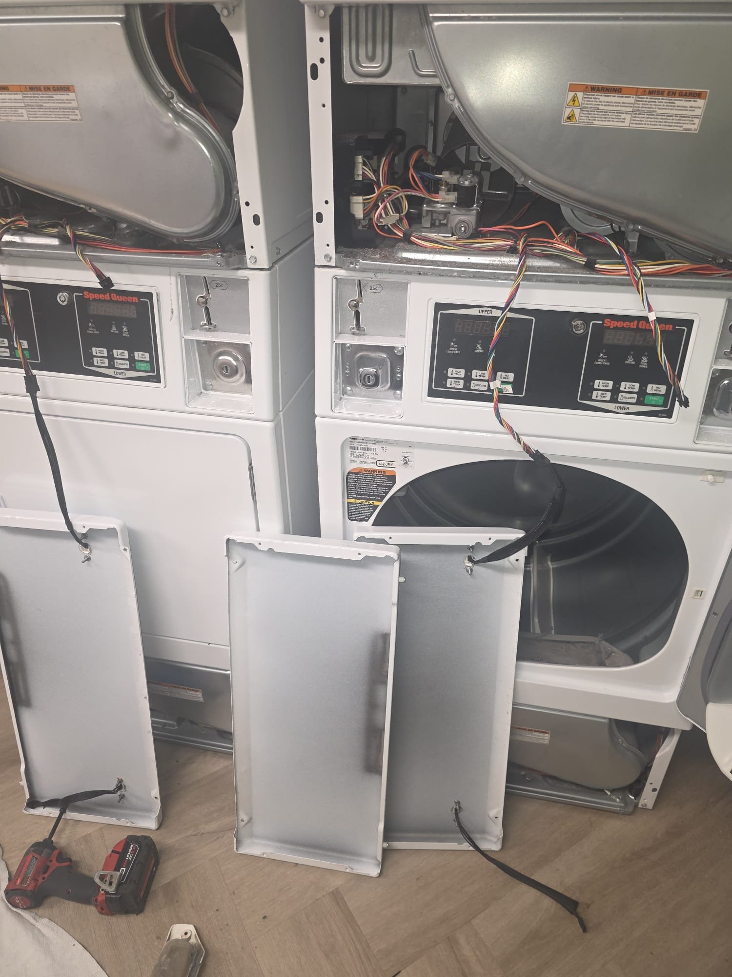 Speed Queen Stacked Dryers Opened For Deep Cleaning